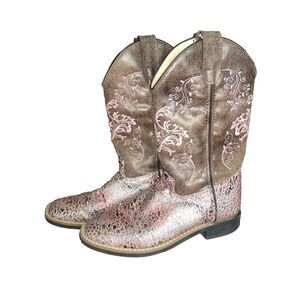 Old West Pink Cowboy Boots Square Toe Youth Size 6 DCrackle Glitter Faux Leather